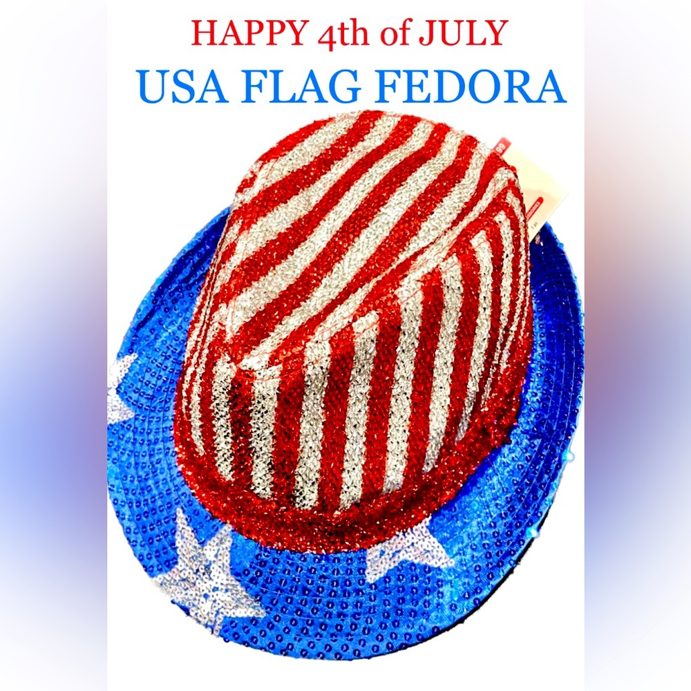 🇺🇸 FEDORA HAPPY 4th of JULY Red White & Blue Sequined Fedora Hat  size OS NWT